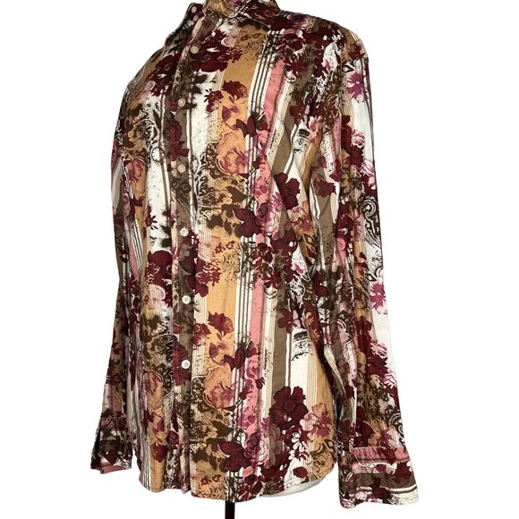 MBX Men's Casual Button Down Shirt Size Large Long Sleeve Collar Maroon Pink Flo - Picture 2 of 16